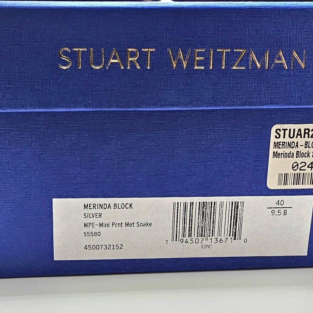 Stuart Weitzman Metallic Snakeskin Block Heel Sandal Size 9.5 Silver Ankle Wrap - Picture 11 of 11